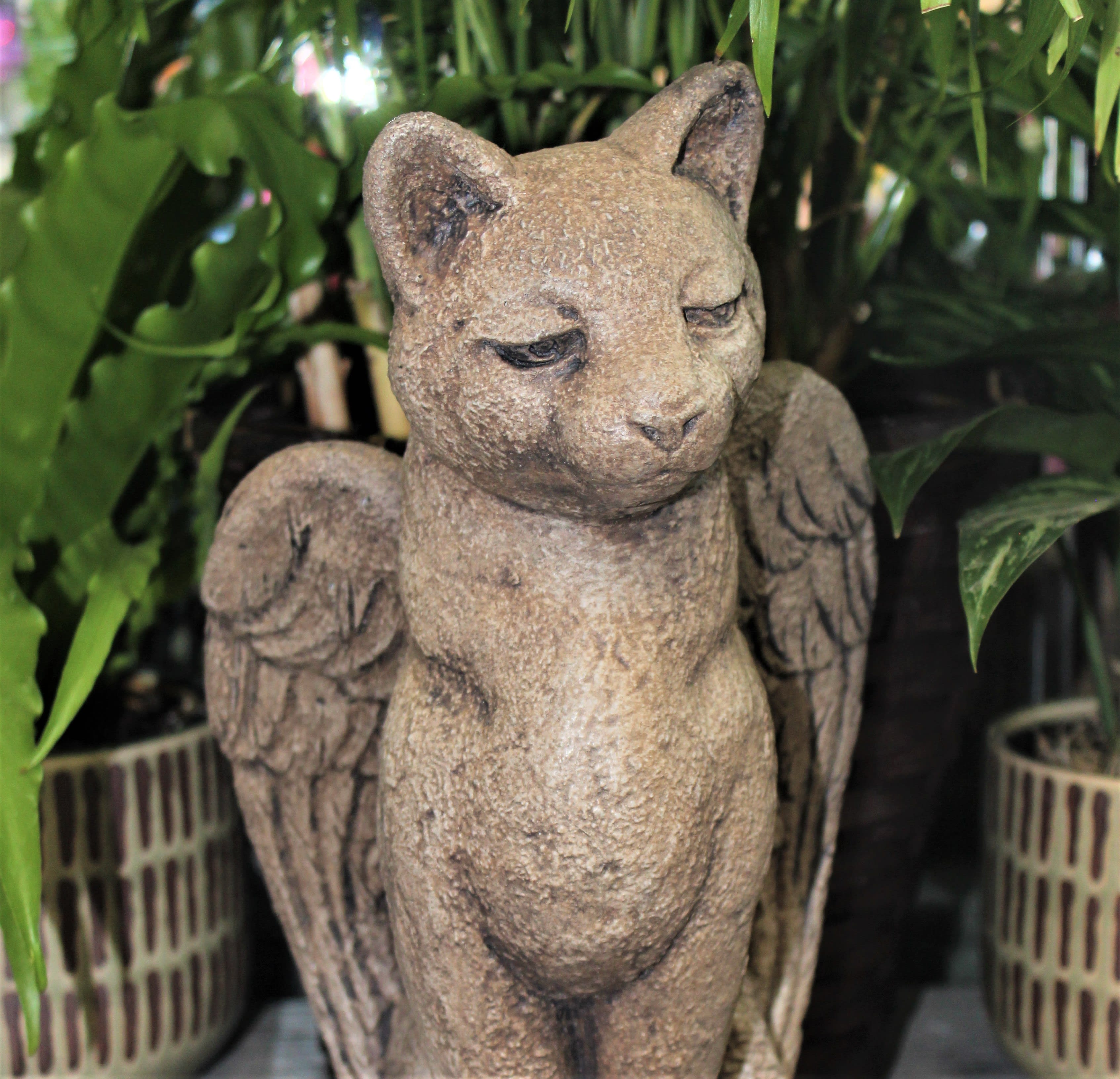 Stone cat statue in front of potted green plants