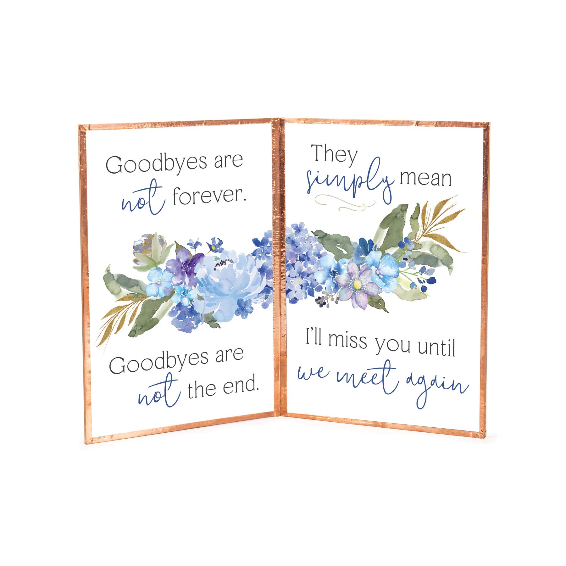 Folded sympathy sign with blue floral watercolor and farewell text