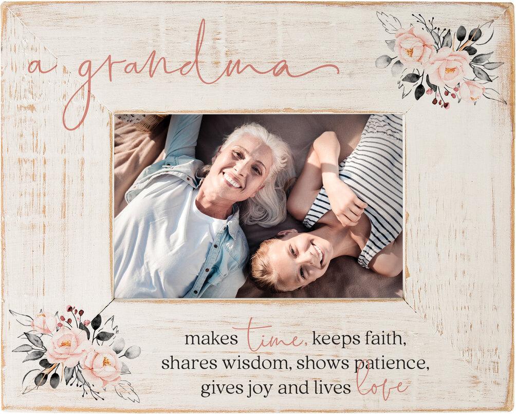 Wooden photo frame with floral accents and a grandmother photo