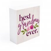White gift bag with "best grandma ever" text and floral accents