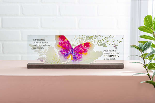 Butterfly memorial plaque with a colorful butterfly and sympathy text