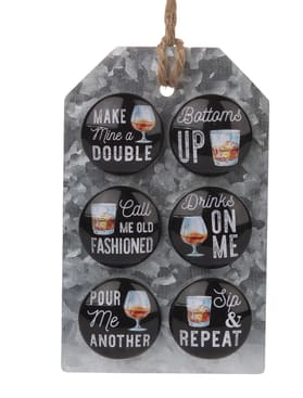 Hanging wooden sign with six drink-themed round plaques