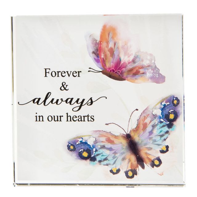 Sympathy card with two colorful butterflies and the words "Forever &amp; always in our hearts"