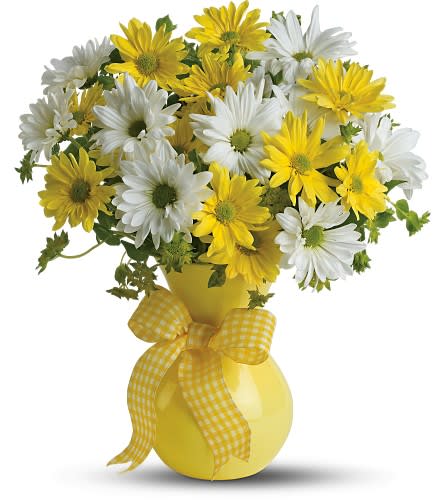 Yellow and white daisy bouquet in a yellow vase with a gingham ribbon
