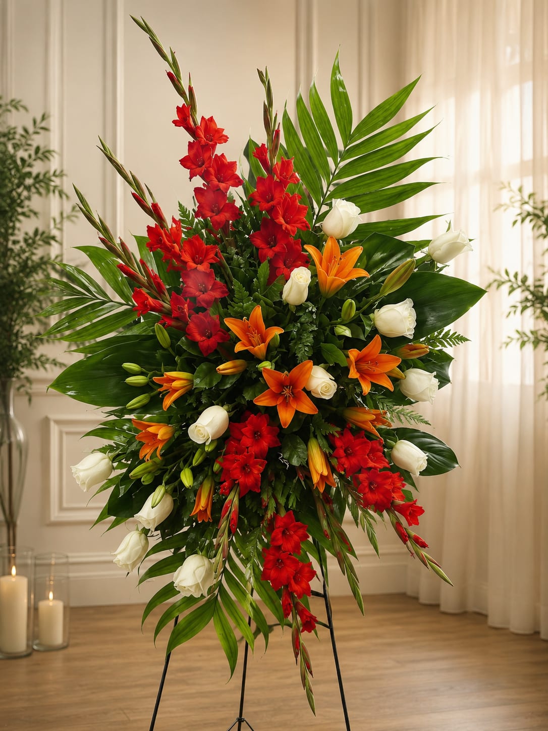 Tall floral standing spray with red and orange blooms and white roses
