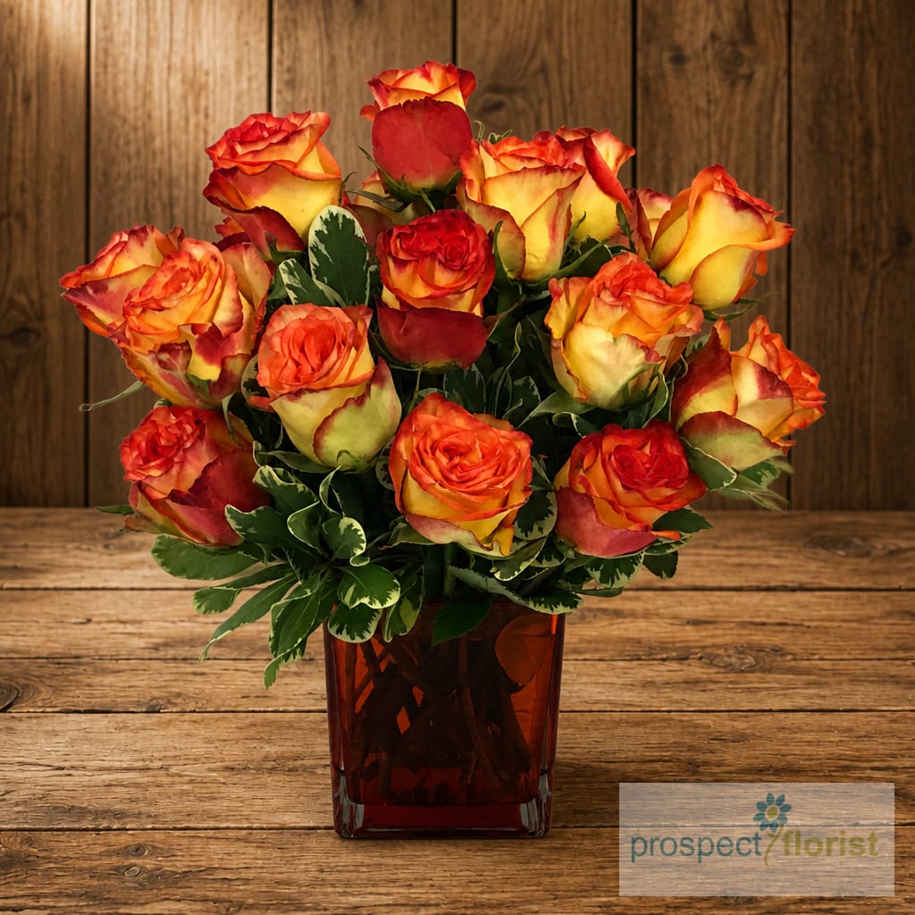 Bouquet of orange and yellow roses in a red glass vase