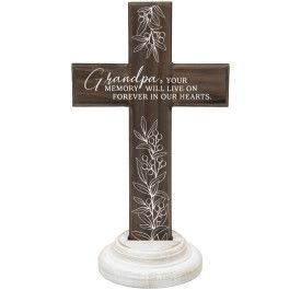 Wooden memorial cross on a white base engraved with floral line art and a message for grandpa.