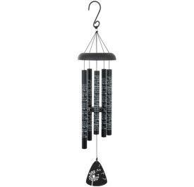 Black metal wind chime with white script text and a small floral motif