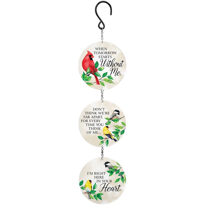 Hanging memorial sign with three round bird plaques and sentimental remembrance text