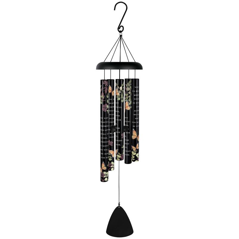 Black metal wind chime with printed butterflies, foliage, and white script text.