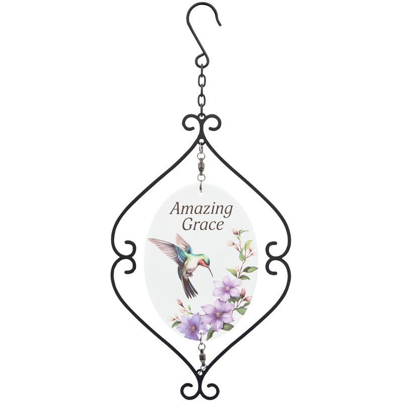 Metal hanging plaque with Amazing Grace text, hummingbird, and purple flowers