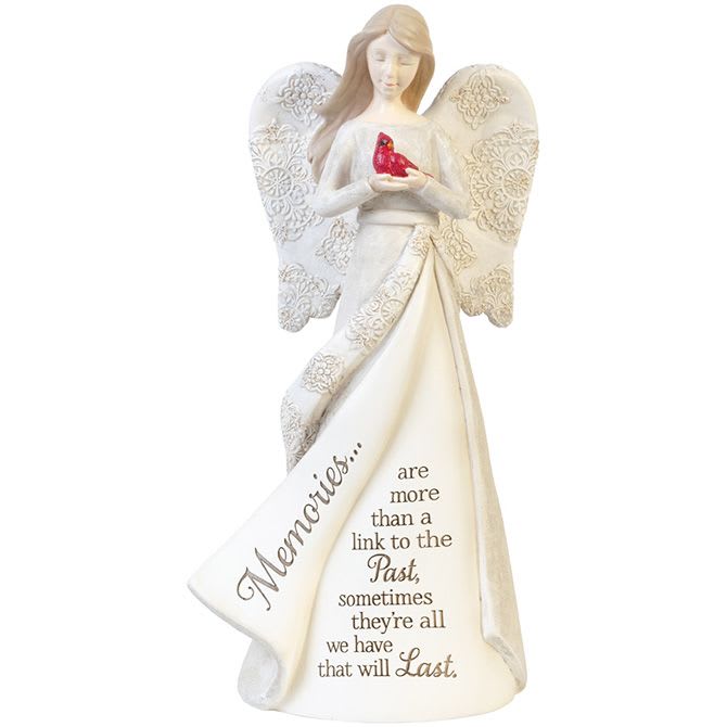 Cream-colored angel figurine holding a red cardinal with a memorial quote on her gown.