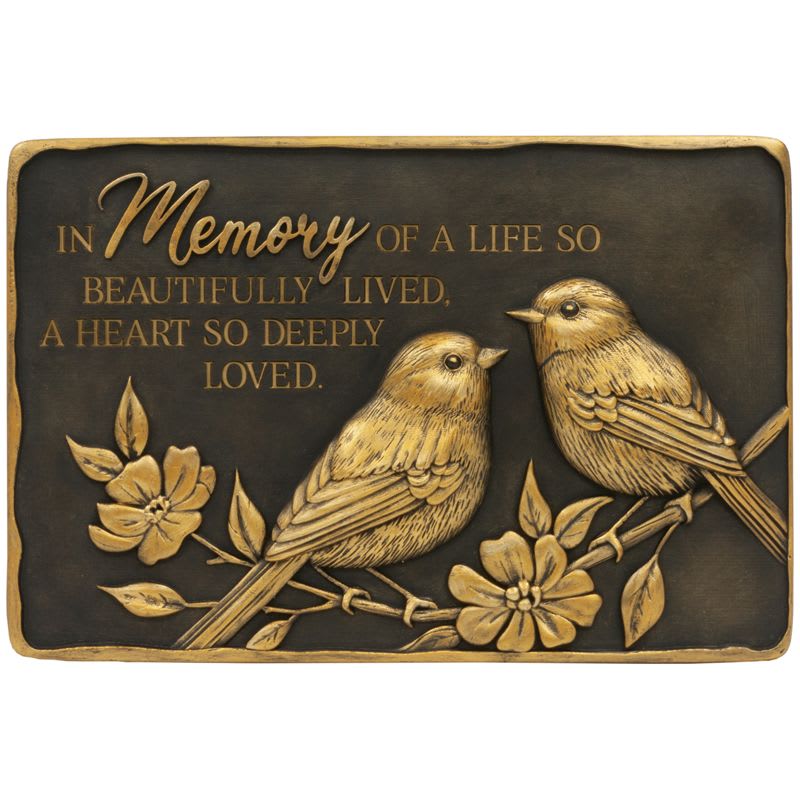 Rectangular memorial plaque with two gold birds on branches and an engraved sympathy verse.