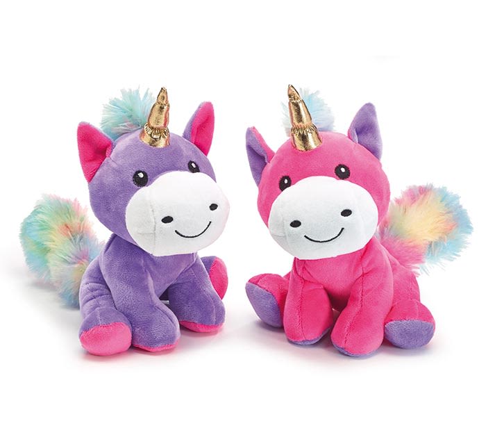 Pair of plush unicorn toys, one purple and one pink, with gold horns and rainbow tails.