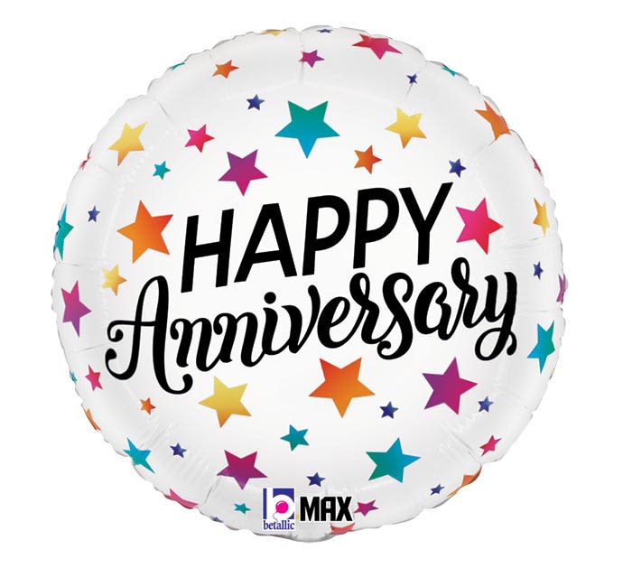 Round white Happy Anniversary balloon with colorful star pattern