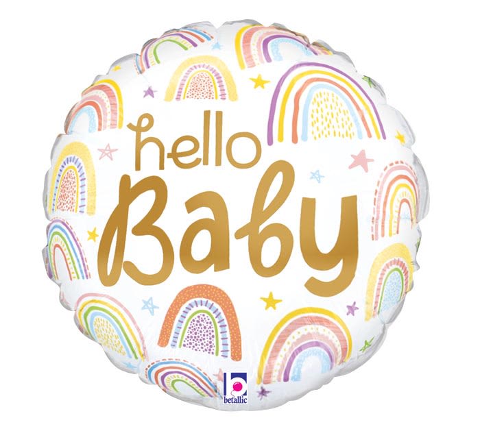 Round white balloon with gold 'hello Baby' text and colorful rainbows and stars
