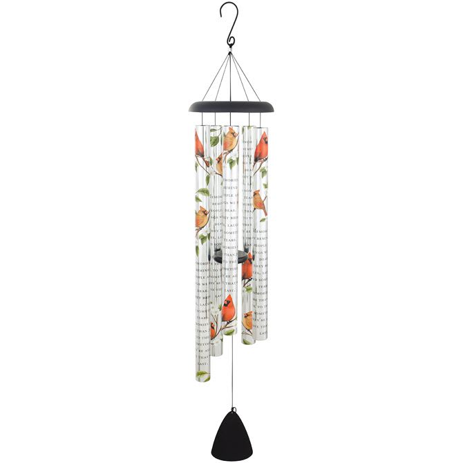 Decorative wind chime with cardinal birds and script text on white tubes