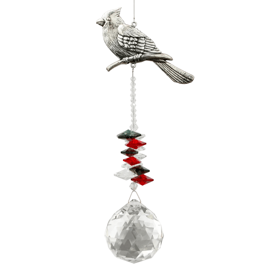 Silver cardinal suncatcher ornament with faceted beads and a clear crystal ball prism