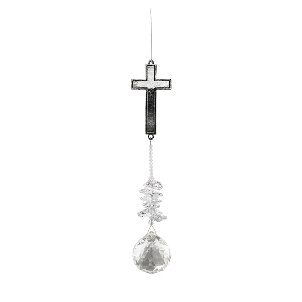 Hanging metal cross ornament with clear crystal beads and a faceted crystal ball