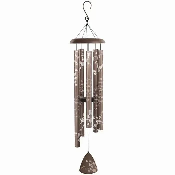 Brown metal wind chime with white memorial text and butterfly designs