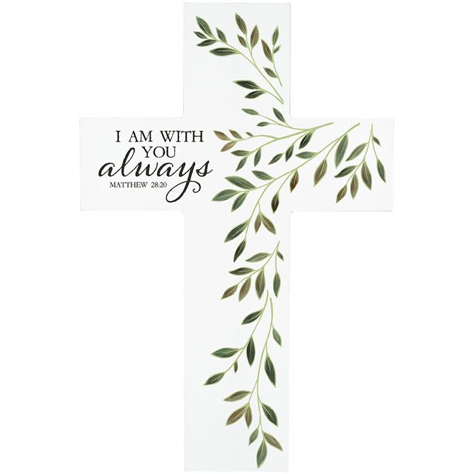 White decorative cross plaque with green leaf design and scripture text