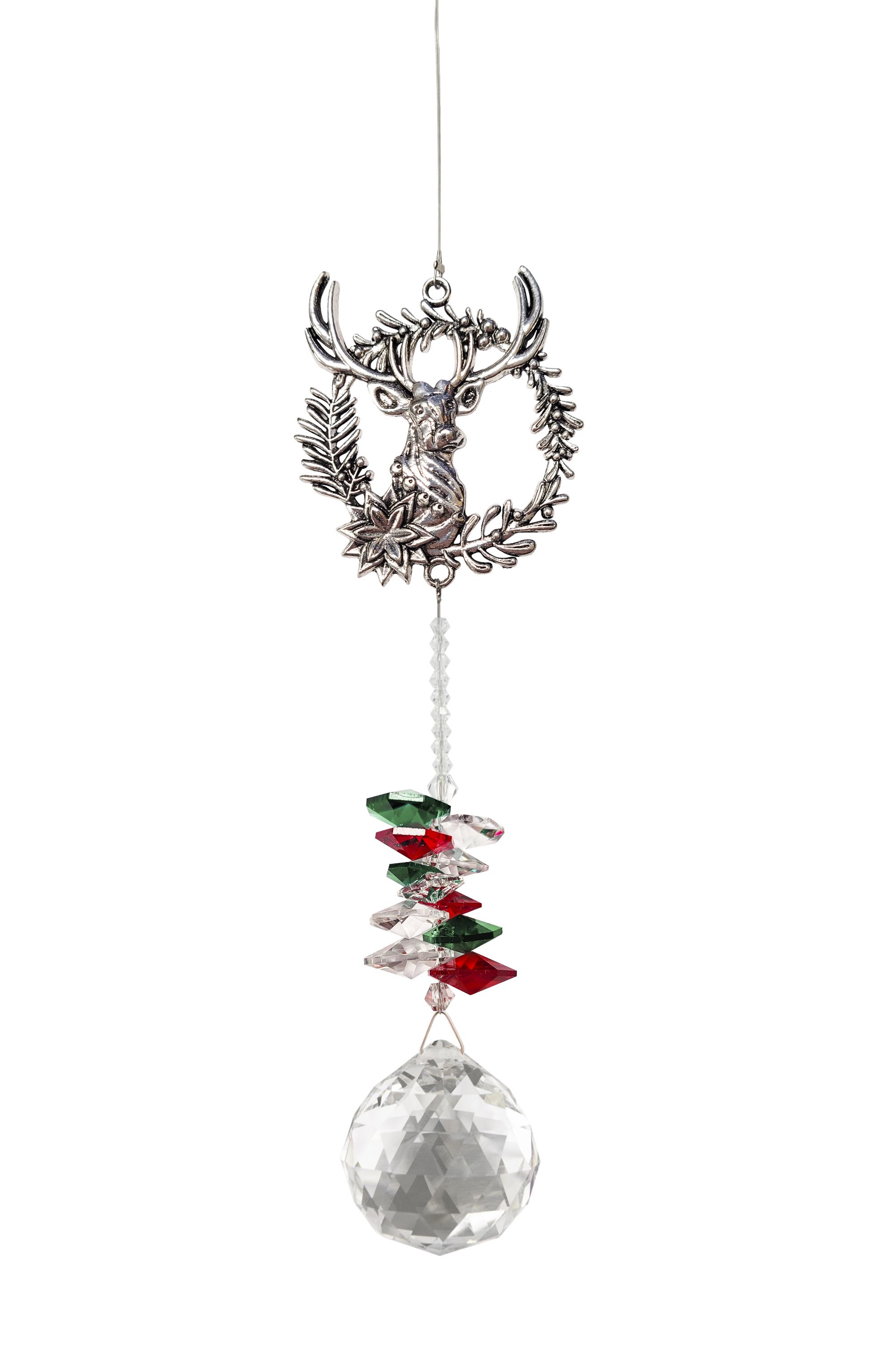 Hanging silver deer ornament with red, green, and clear crystals and a faceted crystal ball