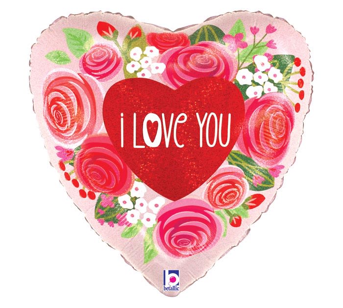 Heart-shaped I love you balloon with pink floral pattern