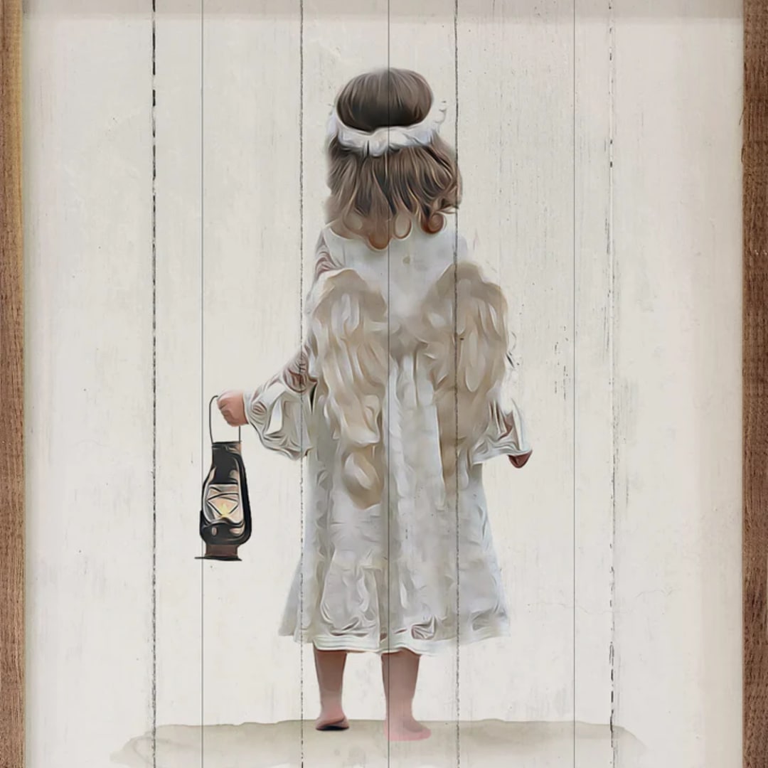 A child in a white dress holds a lantern against a painted wood backdrop.