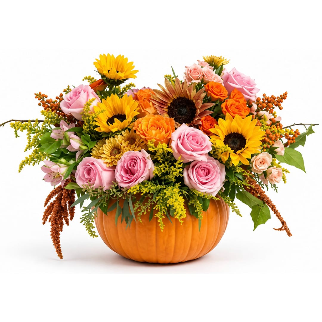 Mixed bouquet in a pumpkin-shaped container with roses and sunflowers