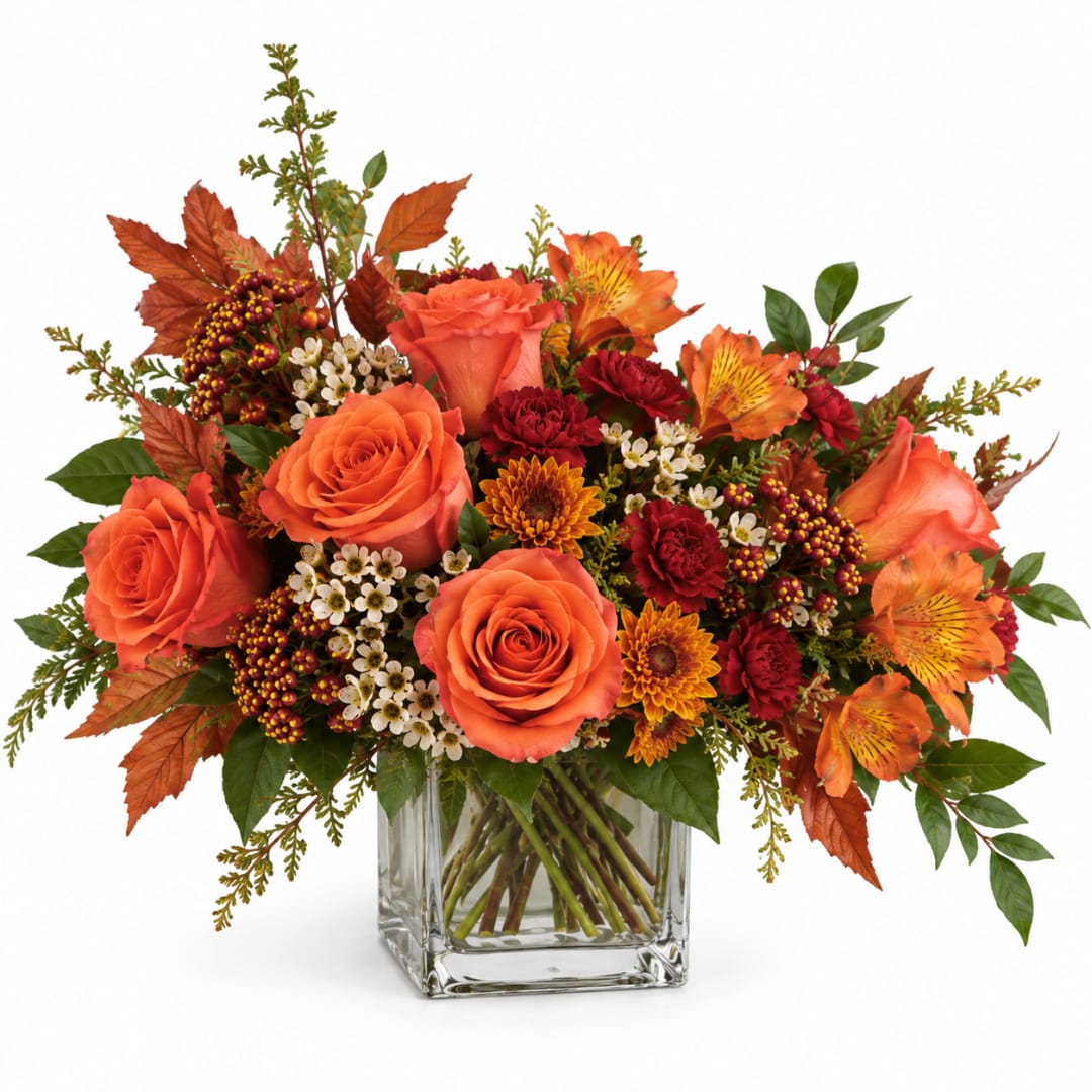 Orange and red mixed bouquet in a clear glass vase