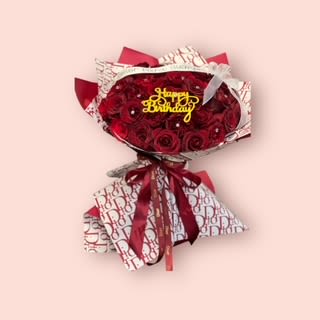 Red Rose Bouquet Buchon ramo style available in any color - 32 deluxe roses ( other colors always available  with special touches to match any occasion, Please Include your occasion in your order so we can further customize your arrangment with decals pics etc
