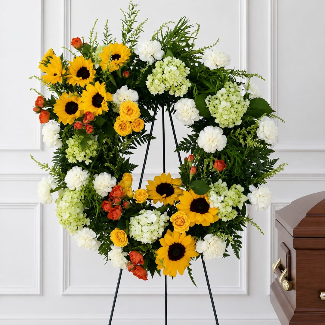 Large floral wreath on a stand with sunflowers, white blooms, and orange roses