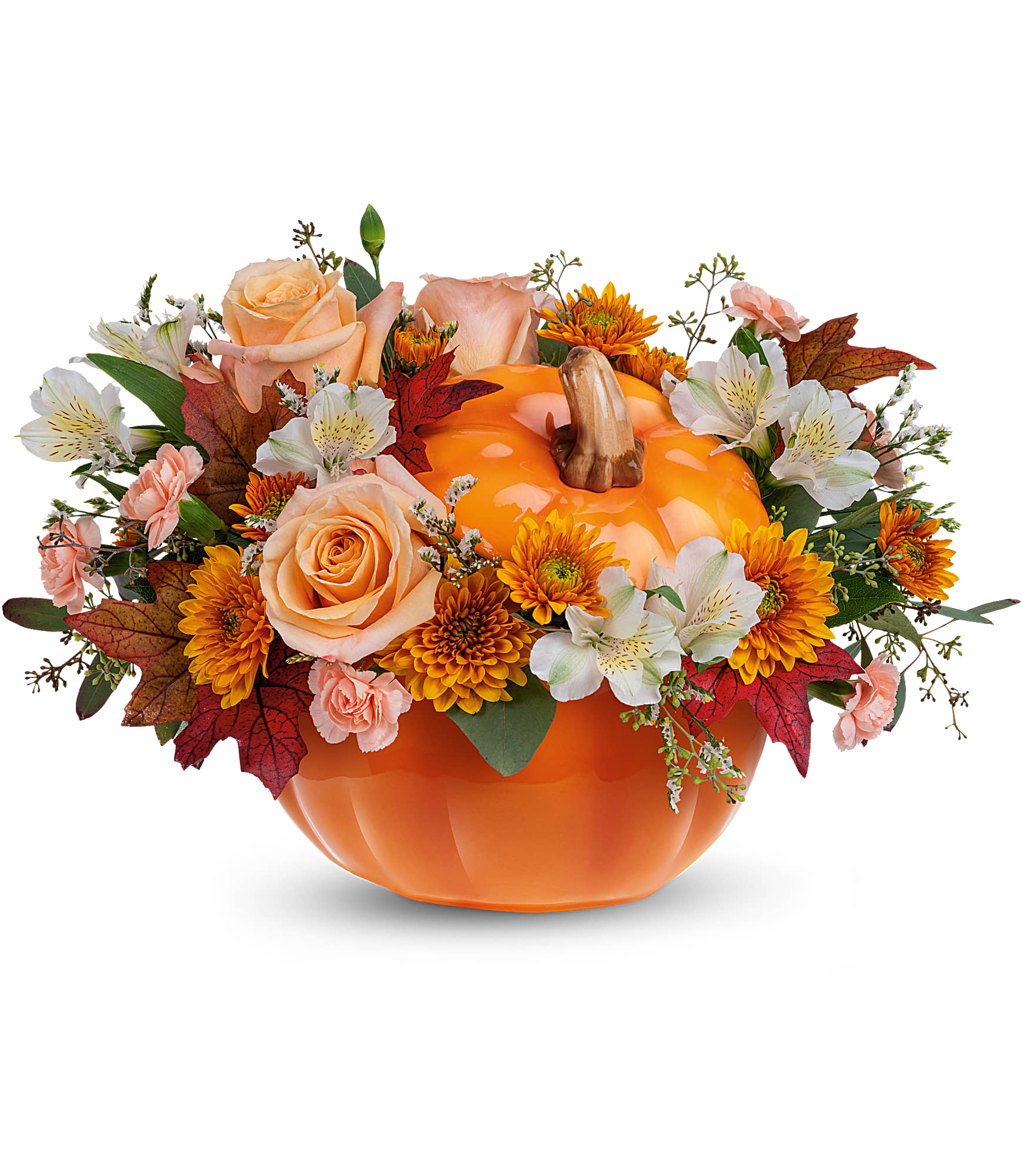 Pumpkin-shaped arrangement with peach roses, white alstroemeria, and orange mums