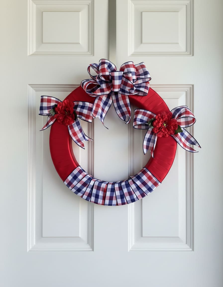Red wreath with plaid bows and small red flower accents on a white door