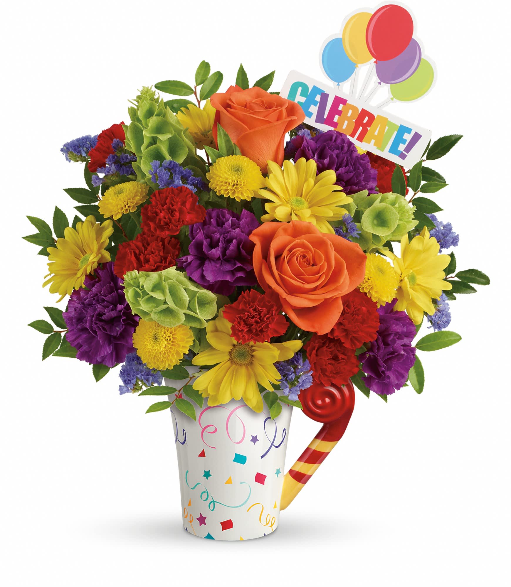 Colorful bouquet in a confetti vase with balloons and a "Celebrate!" sign