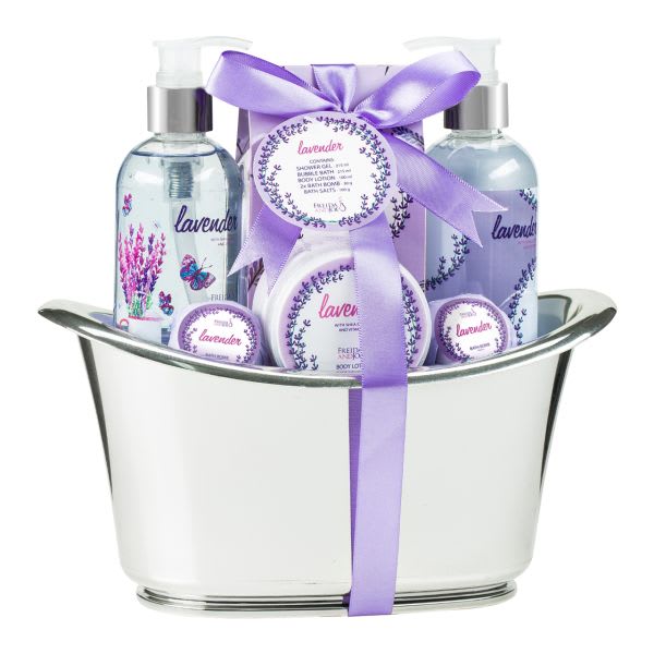 Lavender bath gift set in a silver bucket with a purple ribbon