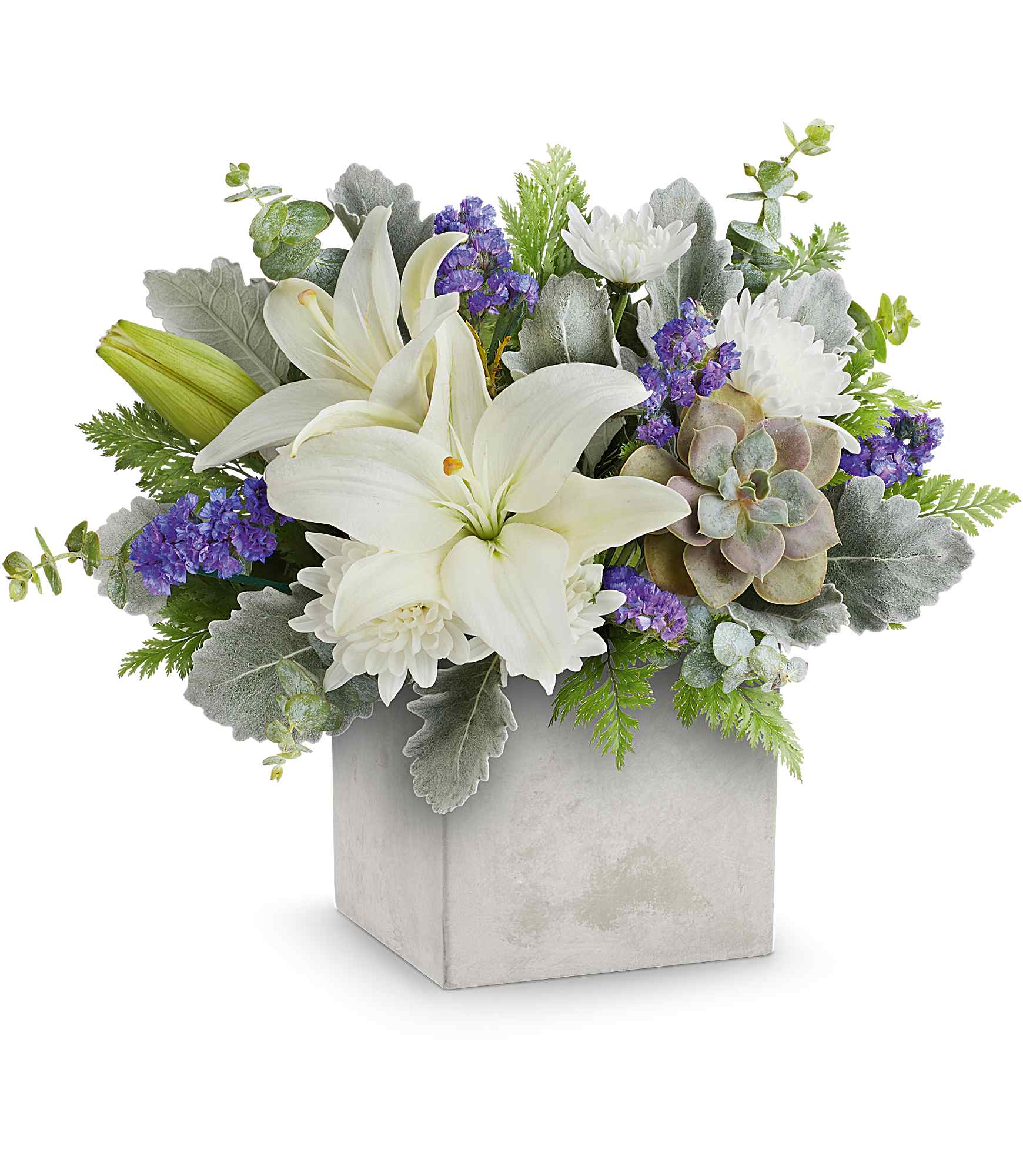 White lilies and purple flowers in a square gray vase