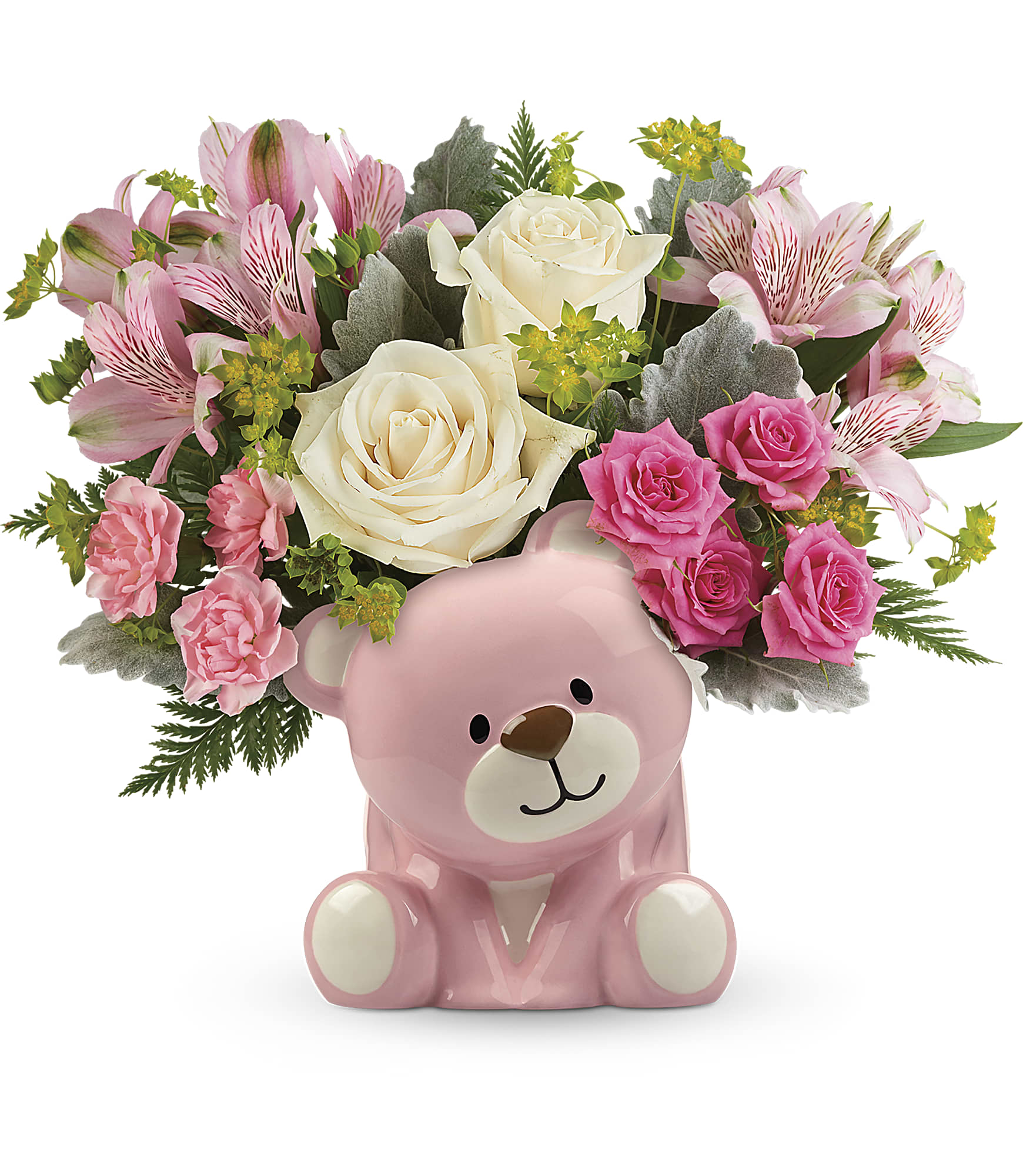 Pink teddy bear vase holding pink and white flowers