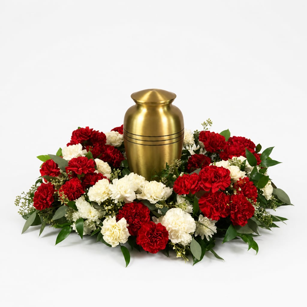 Red and white carnations arranged around a gold urn