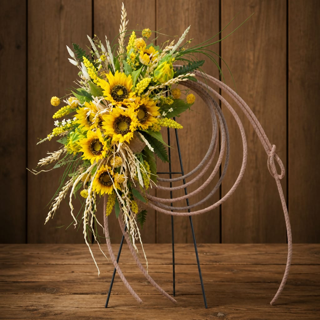Sunflower arrangement with wheat accents on a decorative hoop stand