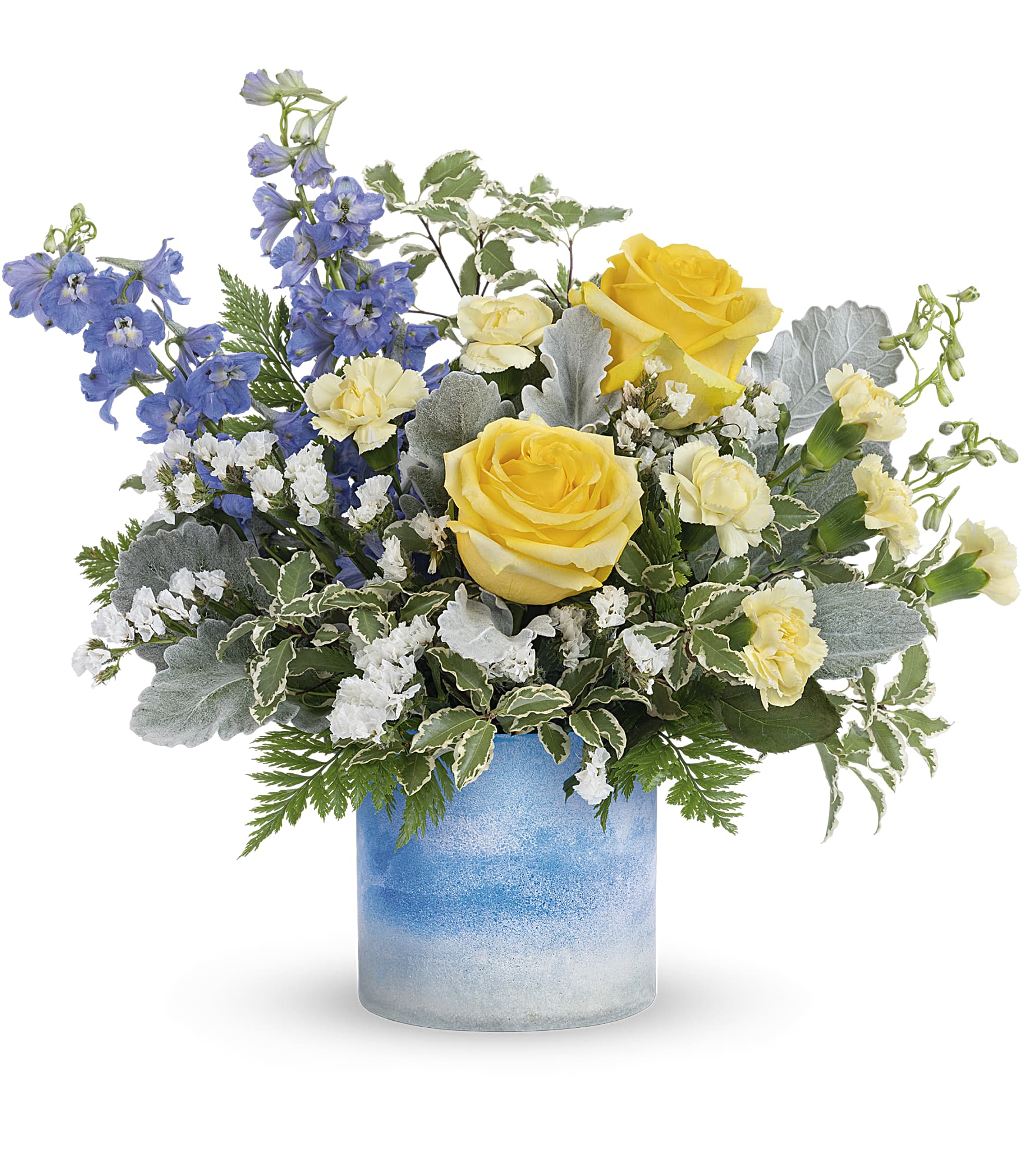 Yellow roses and blue delphinium in a blue glass vase