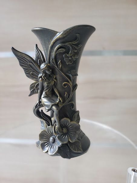 #3D Golden touch - Tall dark metal decorative vase with ornate fairy relief and gothic motif - vase only, no flowers included