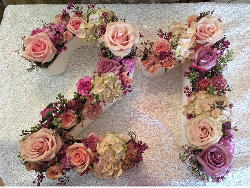 Floral number 2 made of pink and purple roses with hydrangeas