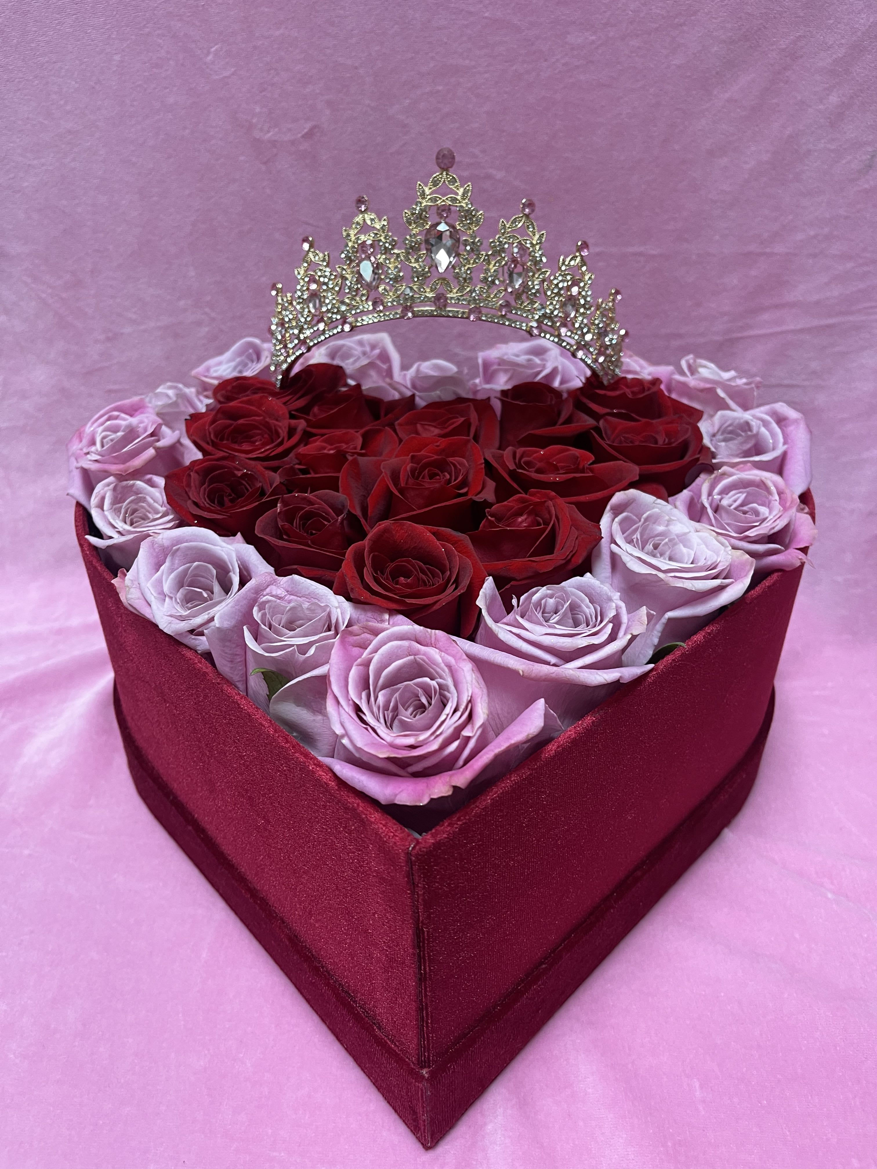 I GIVE YOU MY HEART - ROSES WITH PETALS LIKE VELVET, IN A RED VELVET HEART-SHAPED BOX, THE MOST ROMATIC THING THERE BE!!! ALSO AVAILABLE IN ROSE RED OR PINK , AVAILABLE ONLY  LARGE. TIARA NOT INCLUDED 
