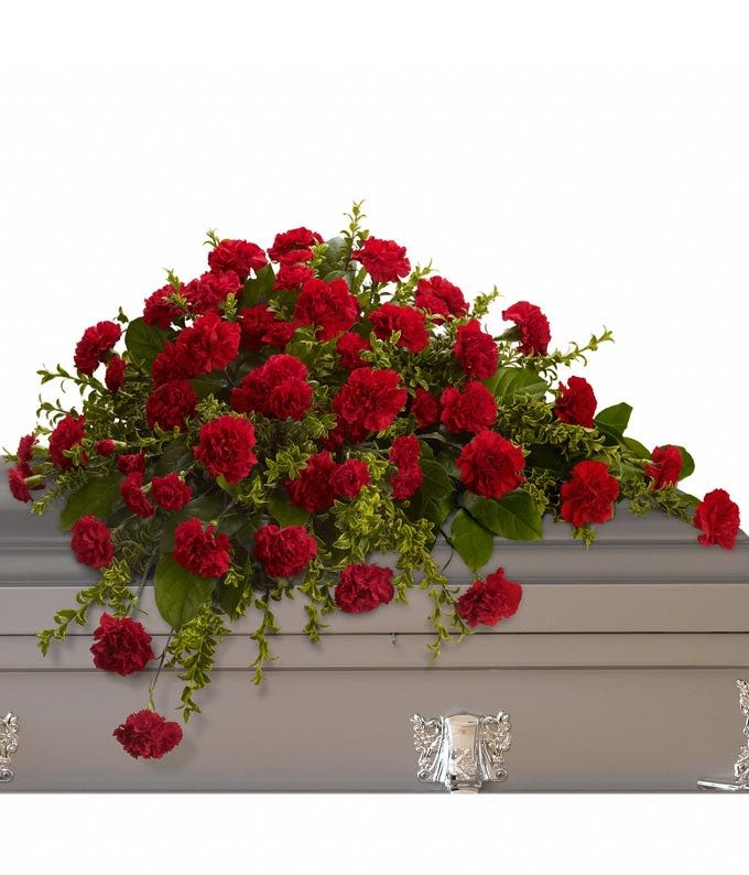 Red carnation casket spray with trailing greenery