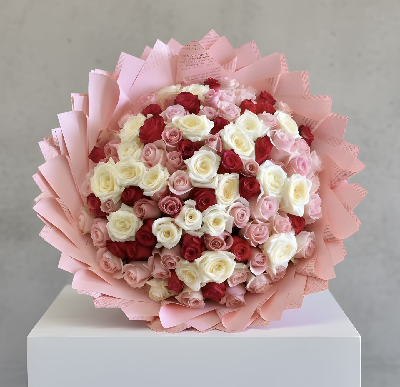 Bouquet of pink, red, and white roses wrapped in pink paper