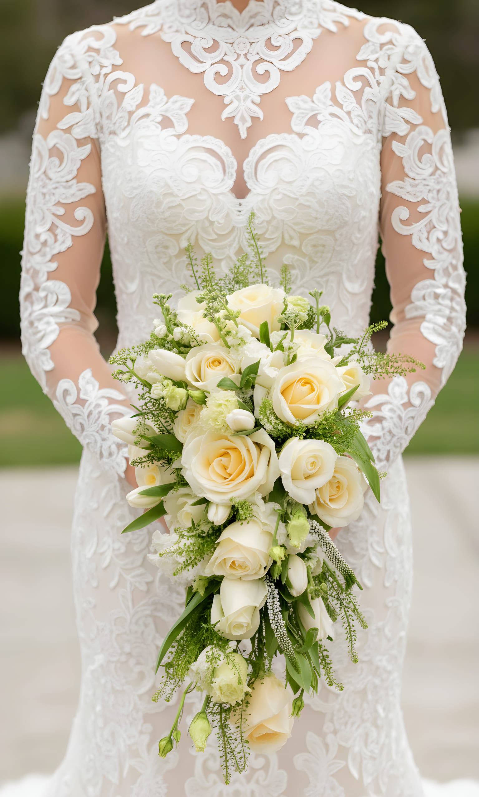 Bride holding a cascading bouquet of white and cream roses with greenery