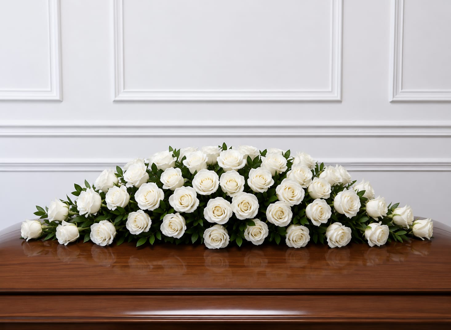 White rose casket spray with green foliage