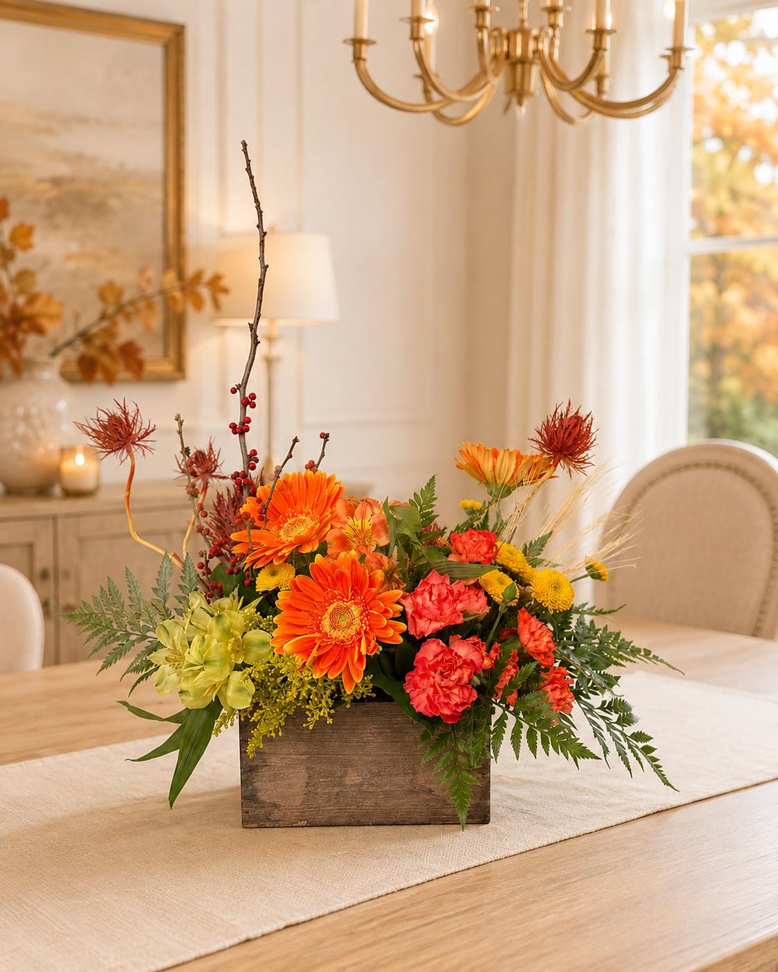 Orange and red floral arrangement in a wooden box on a dining table