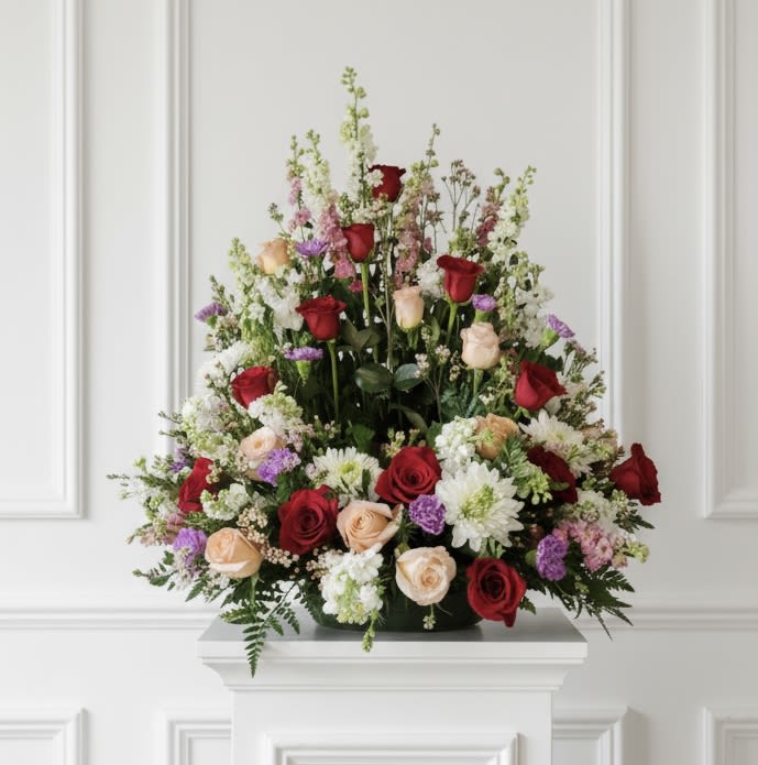 Large arrangement of red, blush, and white roses with mixed filler flowers